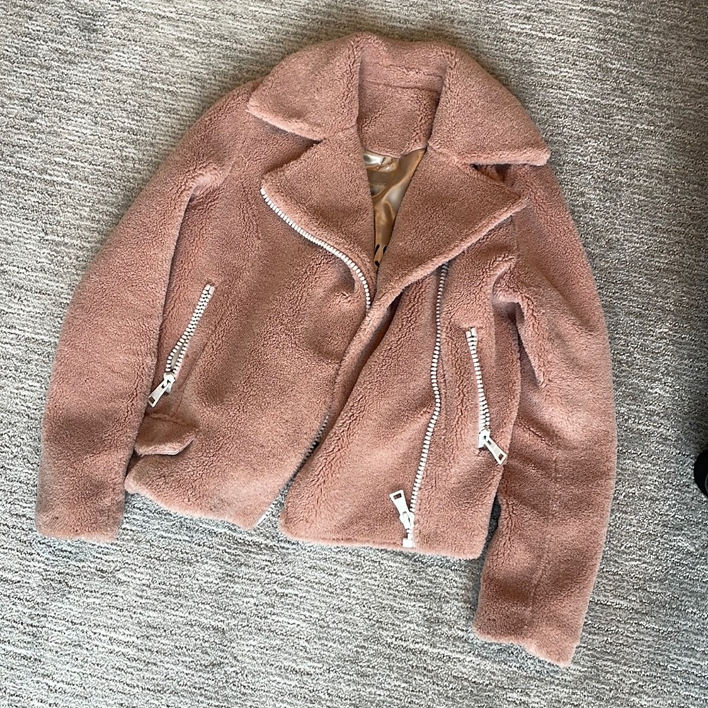 MOTHER blush pink faux fur coat